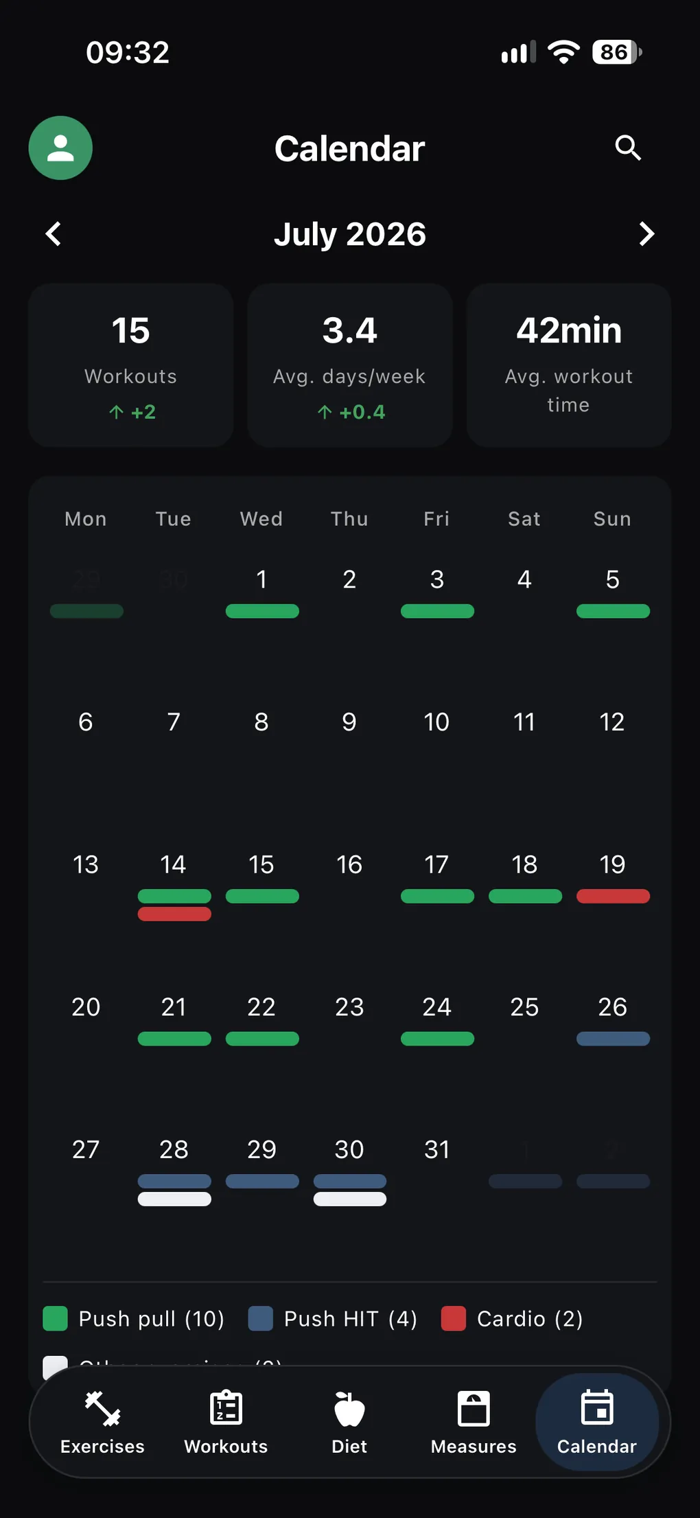 Gympher training calendar view