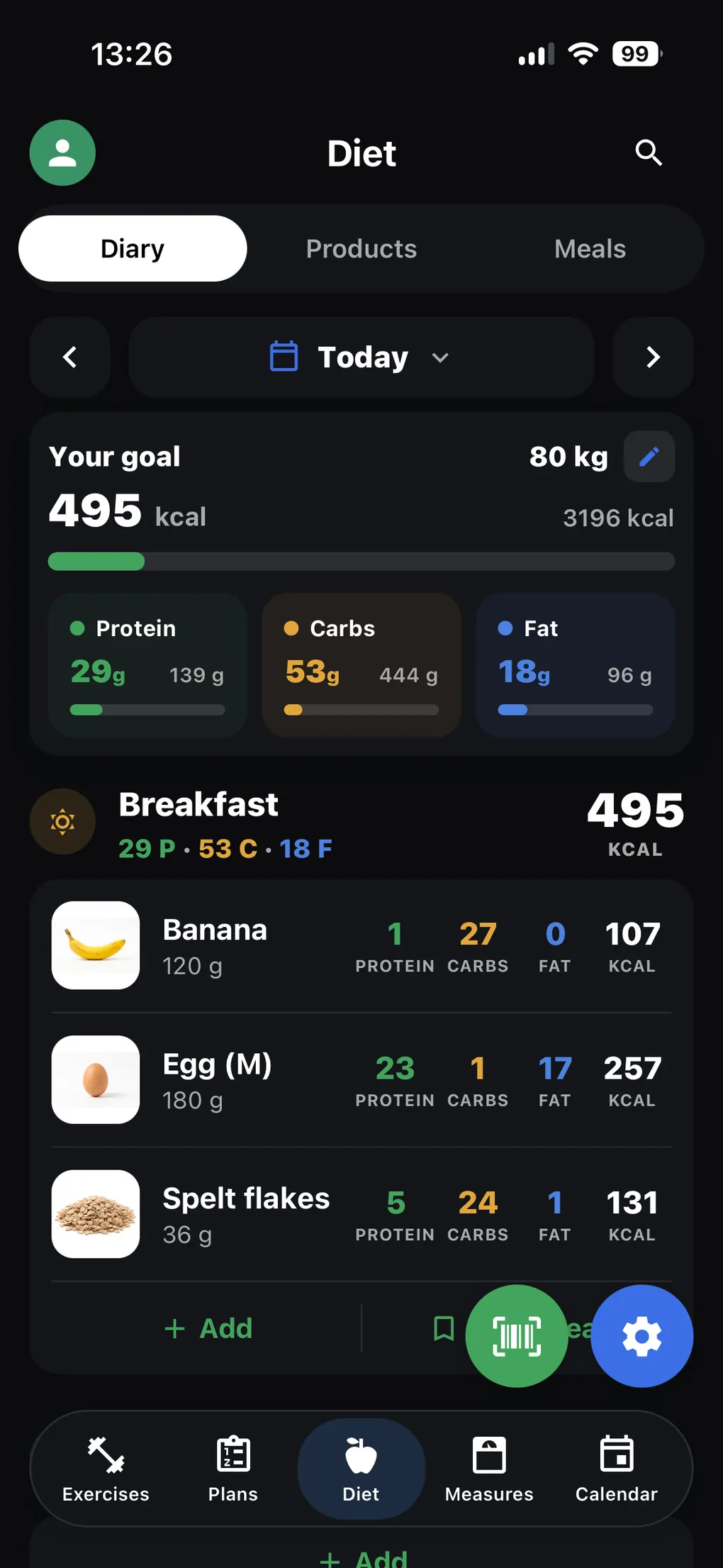 Gympher diet diary with calories and macros